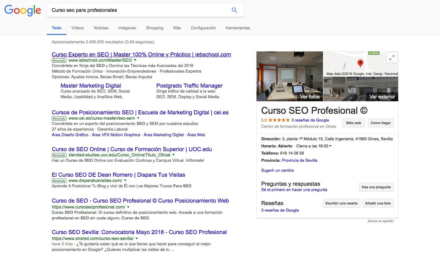 Página de resultados de una búsqueda, llamada SERP (Search Engine Result Page)