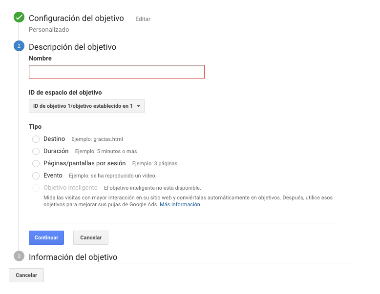 configurar objetivos google analytics